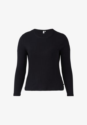 Black long-sleeve ribbed top with a round neckline and fitted design. Soft texture and straight hem, suitable for layering or casual wear.