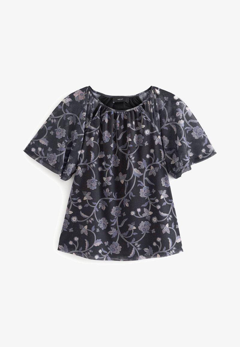 Blusa scura a fiori con maniche corte trasparenti, caratterizzata da motivi floreali viola e grigi su un tessuto nero testurizzato. Dettaglio dell'orlo elastico.