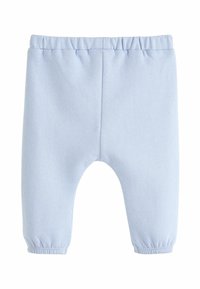 Gai zila elastīga jostu bērnu bikses ar savilktiem piedurkņu galiem, izgatavotas no mīksta auduma, ar vienkāršu dizainu un gludu tekstūru.