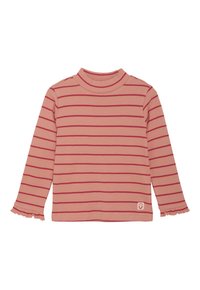 Rosa gerippte Langarmbluse mit roten horizontalen Streifen, Stehkragen und Rüschensäumen, mit einem kleinen Logo nahe dem Saum.