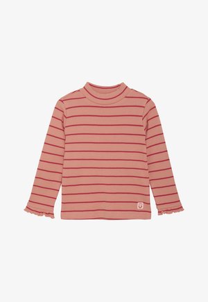Rosa gerippte Langarmbluse mit roten horizontalen Streifen, Stehkragen und Rüschensäumen, mit einem kleinen Logo nahe dem Saum.