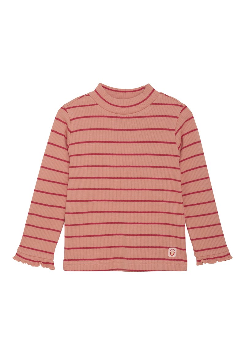 Rosa gerippte Langarmbluse mit roten horizontalen Streifen, Stehkragen und Rüschensäumen, mit einem kleinen Logo nahe dem Saum.