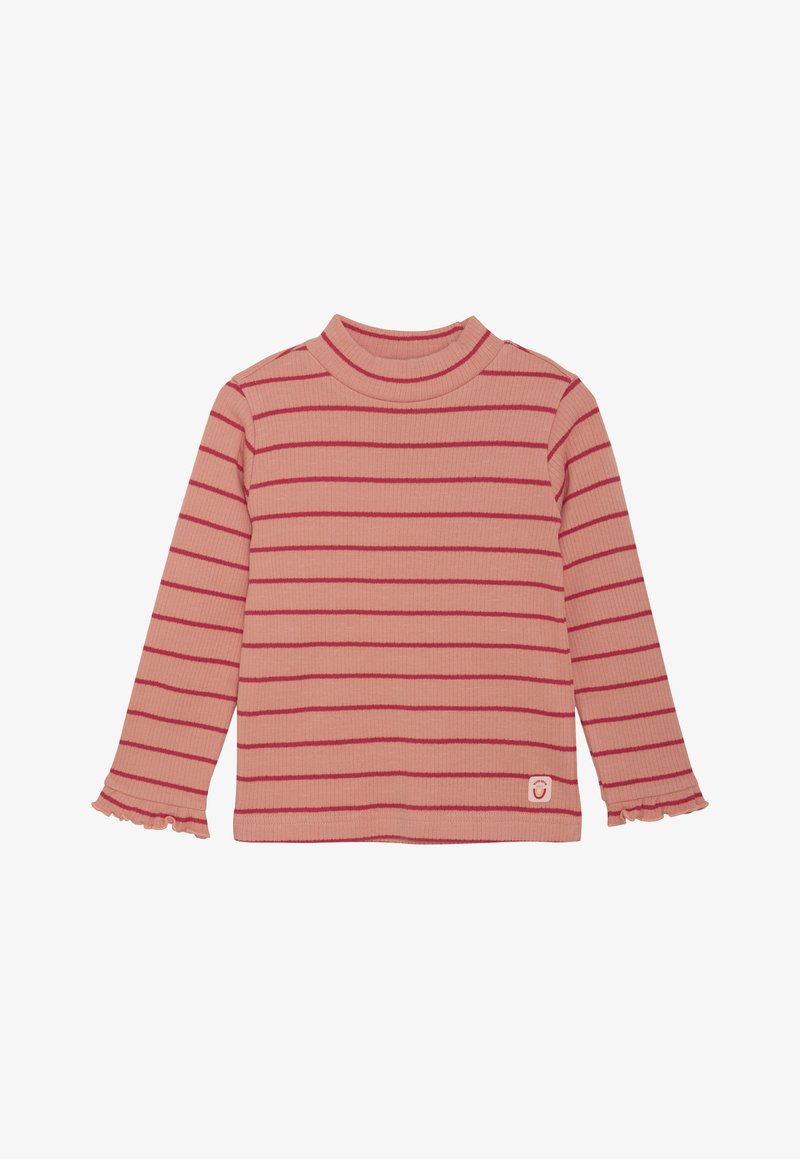 Pink ribbed long-sleeve shirt with red horizontal stripes, mock neck, and ruffled cuffs, featuring a small logo near the hem.