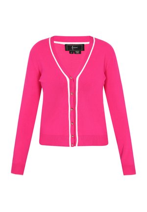 Cardigan fucsia cu decolteu în V, margine albă pe tăieturi și șase butoane aurii. Fabricat din material moale, cu mâneci lungi.