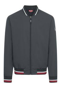 Grå bomberjacka med dragkedja fram, ribbad krage och randiga manschetter i rött, vitt och svart. Har logopatch på ärmen.