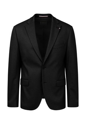 Schwarzer Blazer aus glattem Stoff, mit einer Reverskragen, zwei Fronttaschen, drei Knöpfen und einem dezenten Logodetail.