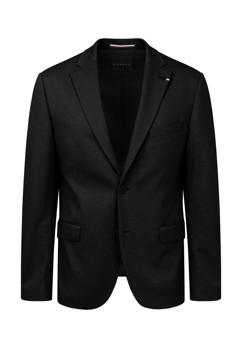 Black blazer made of textured fabric, featuring a single-breasted design, notch lapels, two front pockets, and a subtle brand accent.