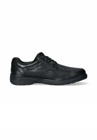 Scarpe in pelle nera con punta arrotondata, design con lacci e superficie strutturata. Presentano una suola imbottita e dettagli di cucitura discreti.