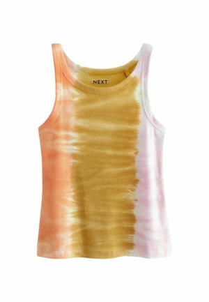 Ærmeløs ribstrikket top med lodrette batikstriber i orange, gul og hvid, mærket "NEXT" inde i halsudskæringen.