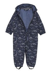 Dunkelblauer Kinder-Overall mit Dinosaurierskelett-Muster, Reißverschluss vorne, elastischen Bündchen und gefütterter Kapuze für zusätzliche Wärme.