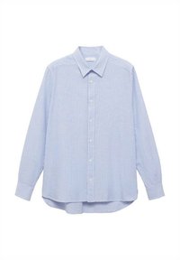 Camicia azzurro chiaro con bottoni, caratterizzata da strisce bianche verticali, maniche lunghe, colletto classico e orlo curvato. Tessuto morbido.