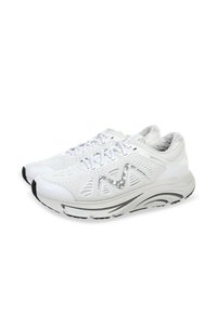 Scarpe da corsa bianche con tomaia in rete, punta arrotondata, chiusura con lacci e accenti grigi. Presentano una suola ammortizzata e battistrada testurizzato per una maggiore aderenza.