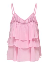 Haut camisole sans manches en mousseline rose clair à plusieurs couches avec bretelles fines réglables et volants.
