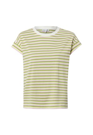 T-shirt z krótkim rękawem i okrągłym dekoltem, w poziome pasy w pastelowej zieleni i różu oraz białym kołnierzem, rozmiar mały.