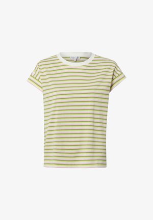 T-shirt z krótkim rękawem i okrągłym dekoltem, w poziome pasy w pastelowej zieleni i różu oraz białym kołnierzem, rozmiar mały.