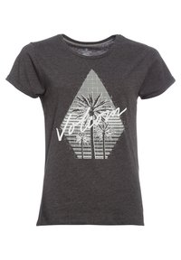 Donkergrijze T-shirt met korte mouwen, voorzien van een driehoekige grafiek met palmbomen en het woord "Volcom" in witte tekst. Zacht katoenmateriaal.