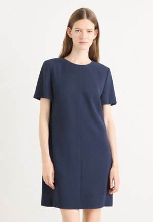Navy blue short-sleeve dress made of smooth fabric, featuring a round neckline and straight cut, ending above the knee with no visible patterns.