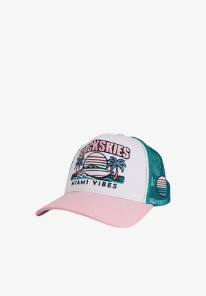 Weiße und rosa Baseballkappe mit grünem Netzrücken, vorne mit dem Text "BLACKSKIES MIAMI VIBES" und einer Palmensonnenuntergang-Stickerei.