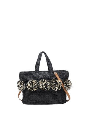 Borsa tote nera intrecciata con due manici, decorata con cinque pon pon neri e bianchi e una tracolla regolabile marrone.
