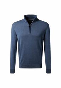 Dunkelblauer Strickpullover mit einem Viertel-Reißverschluss-Kragen, langen Ärmeln, gerippten Bündchen und einer glatten Textur. Enthält dezente Nähte und ein Logo.