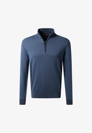 Dunkelblauer Strickpullover mit einem Viertel-Reißverschluss-Kragen, langen Ärmeln, gerippten Bündchen und einer glatten Textur. Enthält dezente Nähte und ein Logo.