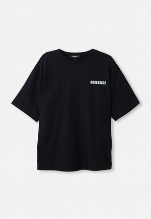 Black short-sleeve T-shirt with white text "OBSESSED2" on the left chest, shown flat against a white background.