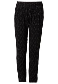 Svarta byxor med ett strukturerat fiskbensmönster, med elastisk midja och smal ben design för en avslappnad passform och stil.