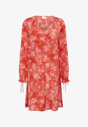 Kerge koralli tooni lilleline kleit V-kaeluse, pikkade varrukate ja volditud mansettidega. Valmistatud kergest kangast, millel on roosa ja punase lillemuster.