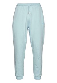 Light blue cotton sweatpants with an elastic waistband, drawstring, and ribbed cuffs; features a subtle logo on the right thigh.