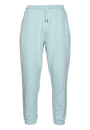 Lyseblå bomulds sweatpants med elastisk talje, snoretræk og ribbede manchetter; har et subtilt logo på højre lår.