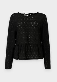 Top peplum nero realizzato in pizzo strutturato con maniche lunghe, caratterizzato da un colletto rotondo e un dettaglio legato sul retro.