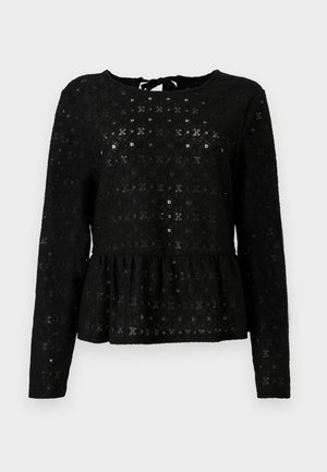 Zwarte peplum top van gestructureerde kant met lange mouwen, voorzien van een ronde halslijn en een strikdetail aan de achterkant.