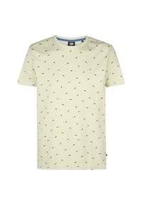 Světle žluté tričko s kulatým výstřihem, krátkými rukávy a opakujícím se malým vzorem zelených a hnědých tvarů. Bavlněný materiál.