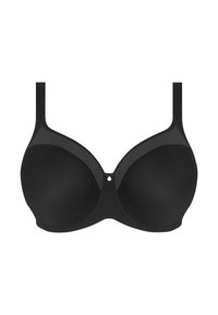 Soutien-gorge noir avec armatures, tissu lisse, finition légèrement mate, bretelles ajustables et accent métallique décoratif au centre devant.