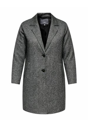 Długi szary płaszcz damski z mieszanki wełny, z dwoma czarnymi guzikami, klapami z wycięciem i długimi rękawami, w pełni podszewka w czarnej tkaninie.