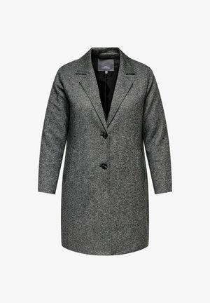 Lang grå ullblandet damekåpe med to svarte knapper, hakkede slag og lange ermer, fullstendig foret med svart stoff.