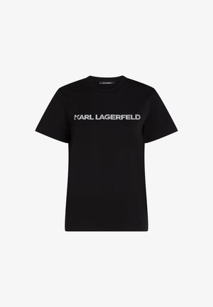 Zwarte katoenen t-shirt met een ronde hals en korte mouwen. Heeft een prominent zilveren "KARL LAGERFELD" logo over de voorkant.
