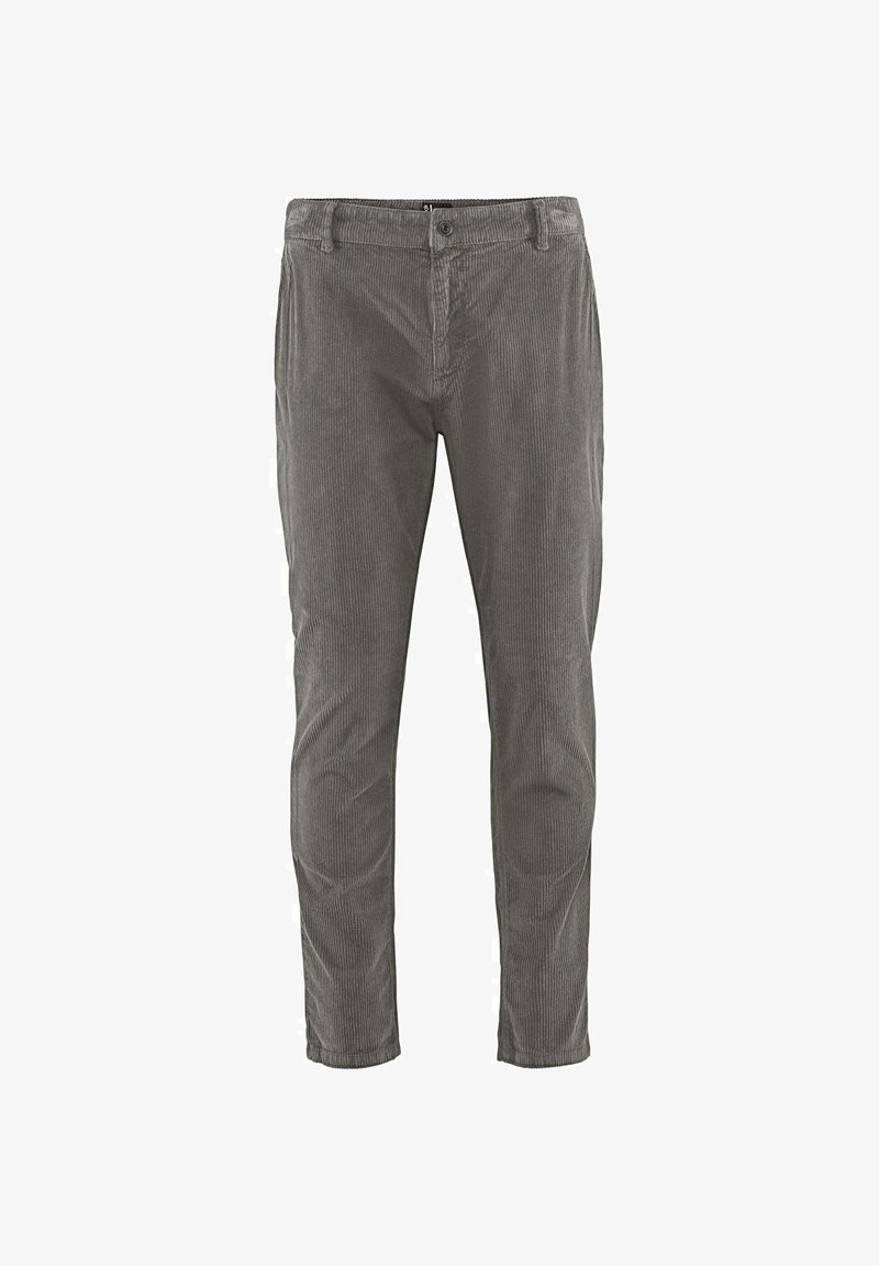 Pantaloni in corduroy grigio con design a gamba dritta, dotati di chiusura a bottone e texture a coste verticali. Vita standard a media altezza, senza elementi decorativi.