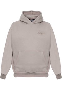 Lichtgrijze hoodie van zacht materiaal, met een voorzak, ribgebreide manchetten en een geborduurd logo op de borst.