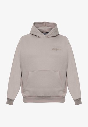 Haut à capuche gris clair en tissu doux, doté d'une poche kangourou à l'avant, de poignets côtelés et d'un logo brodé sur la poitrine.