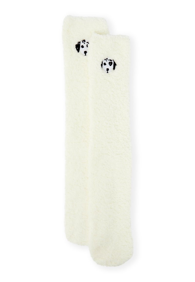 Weiche, cremefarbene Socken mit stickiertem Hunde-Porträt in Schwarz. Weiche Textur, knielang. Keine sichtbaren Muster oder Verzierungen.