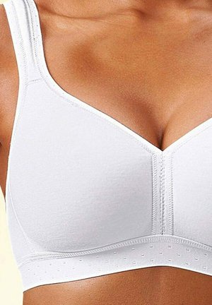 Weißer BH mit breiten, glatten Trägern, nahtlosem Design und einem gepunkteten Band am unteren Rand. Mit tiefem V-Ausschnitt und weichem Material.