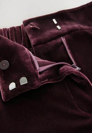Burgunderfarbene Samthose verfügen über einen Reißverschluss und einen Knopfverschluss, mit metallischen Akzenten und einer weichen, strukturierten Oberfläche. Detaillierte Nähte sind sichtbar.