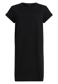 Robe T-shirt noire à manches courtes avec poignets retroussés et encolure ronde, présentée sur fond blanc.