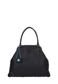 Borsa in pelle nera con superficie texturizzata, doppi manici e un'etichetta blu accentata. Presenta un logo in rilievo discreto sulla parte anteriore.