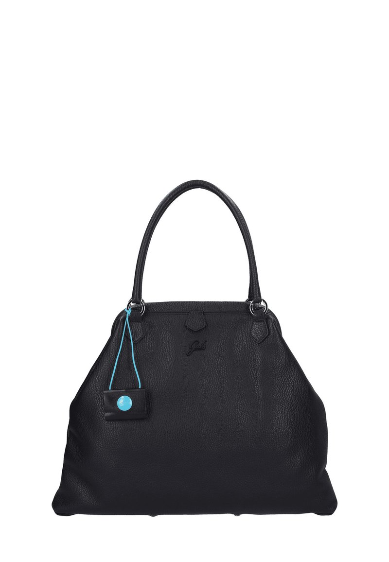 Borsa in pelle nera con superficie texturizzata, doppi manici e un'etichetta blu accentata. Presenta un logo in rilievo discreto sulla parte anteriore.