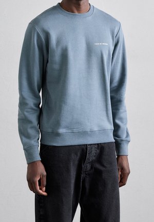 Mand iført en lyseblå langærmet sweatshirt med teksten "Tiger of Sweden" på venstre bryst og sorte bukser, stående mod en ensfarvet væg.