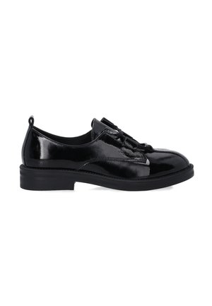 Schwarze Lacklederschuhe im Oxford-Stil mit runder Zehenform, flacher Gummisohle und Schnürdesign. Mit dezenten Nahtdetails akzentuiert.