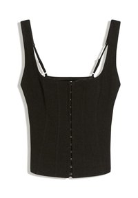 Musta strukturoitu korsettitoppi leveillä olkaimilla, jossa on etukiinnitys ja pystysaumat korostamaan muotoa. Sileä kangaspinta.