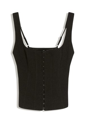Schwarzes, strukturiertes Korsett-Top mit breiten Trägern, vorne mit Verschluss und vertikalen Nähten für Definition und Formgebung. Glatte Stofftextur.
